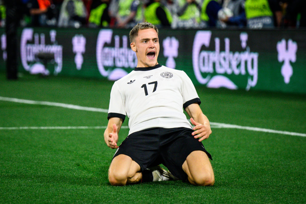 Florian Wirtz celebrates after scoring for Germany against Portugal.
