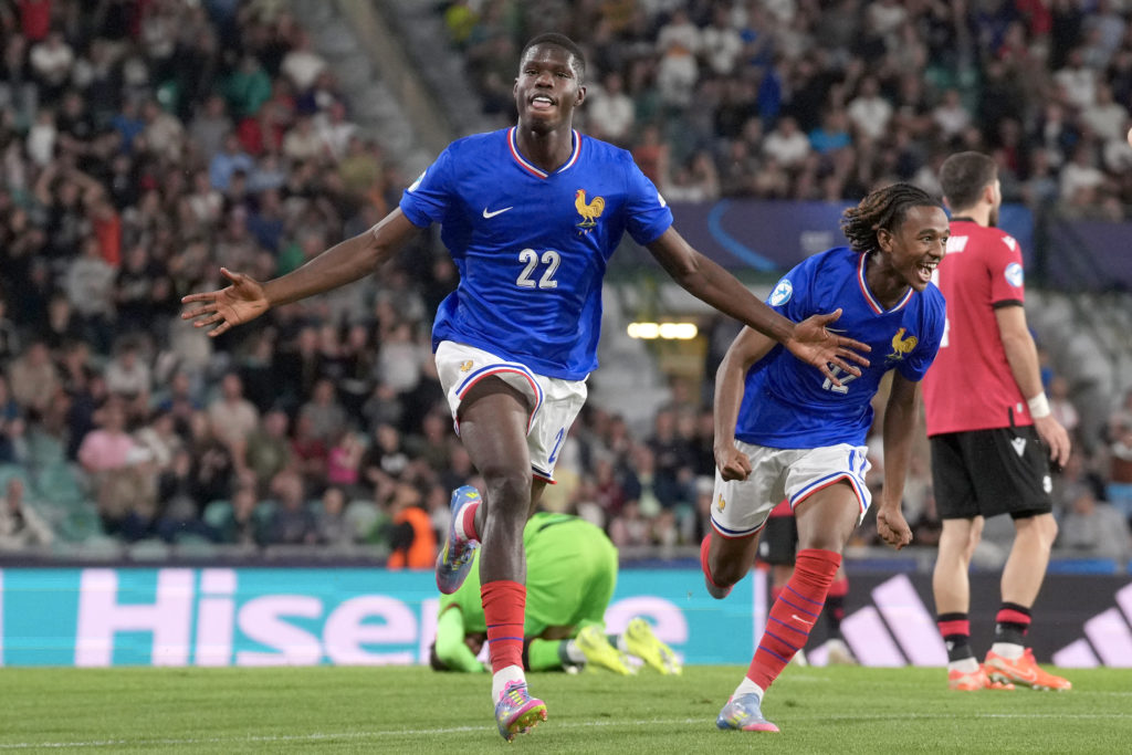 Thierno Barry celebrates a goal for France U21s.
