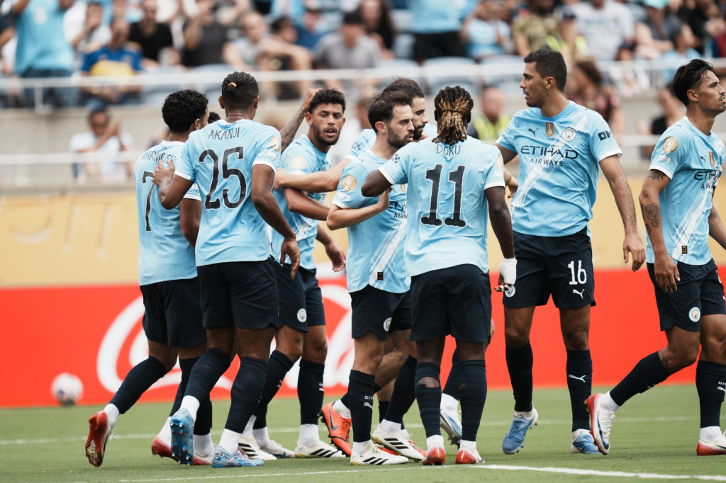 Matheus Nunes is congratulated by Man City teammates after forcing an own goal against Juventus in the FIFA Club World Cup 2025.