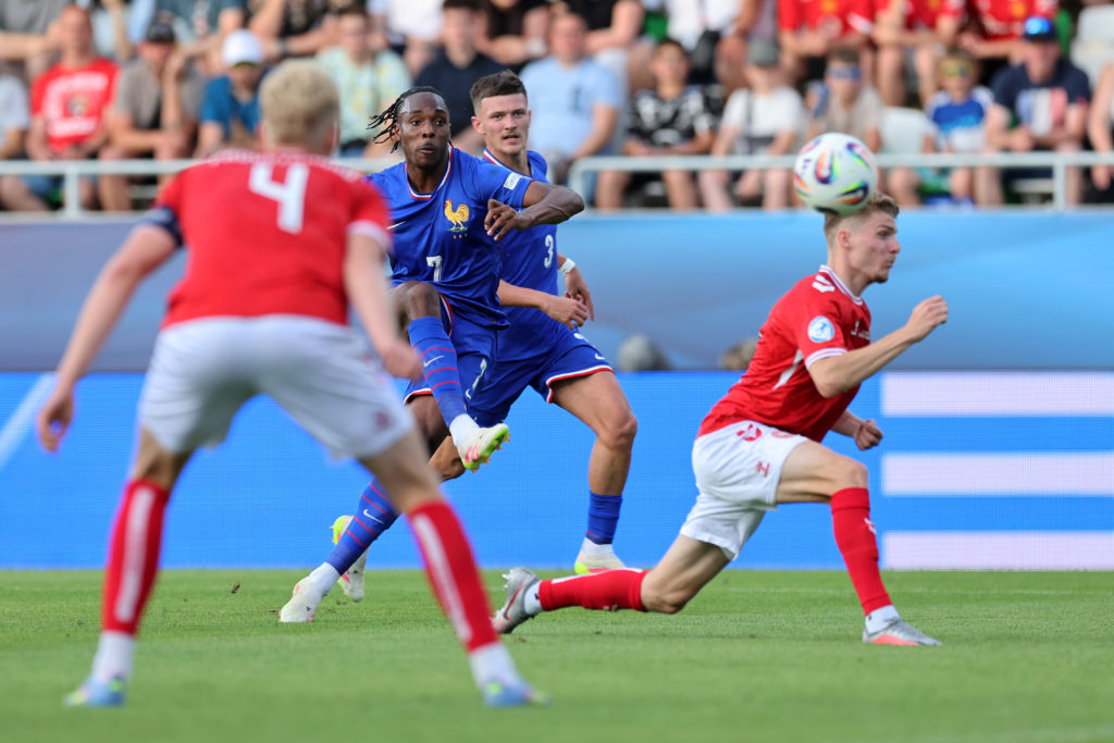 Mathys Tel scores for France U21s against Denmark.