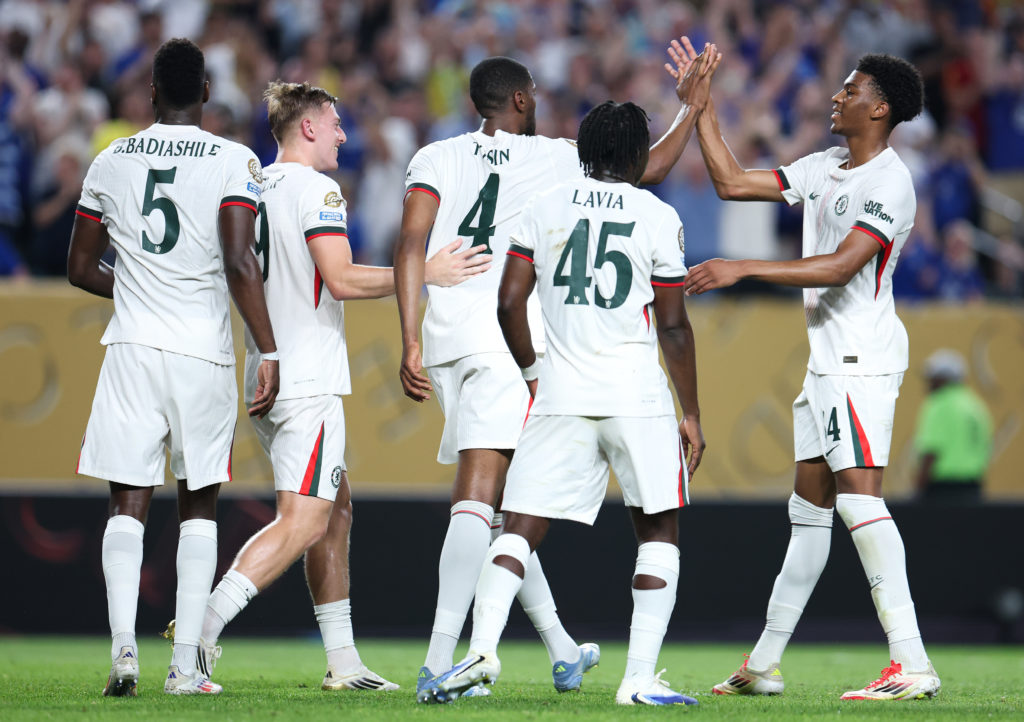 Tosin Adarabioyo celebrates with his Chelsea teammates after scoring against ES Tunis at the Club World Cup