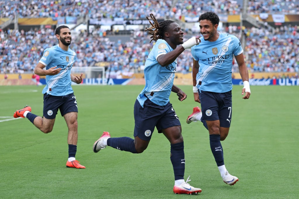 Jeremy Doku, Omar Marmoush and Rayan Ait Nouri celebrate against Juventus in Manchester City's win at the FIFA Club World Cup 2025.