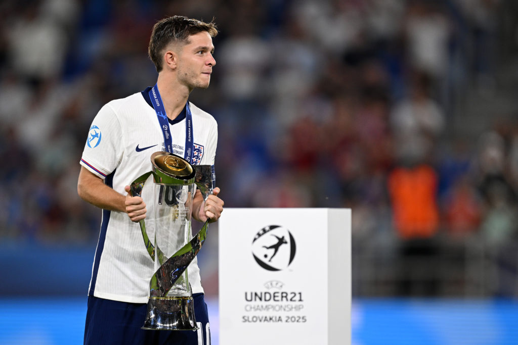 Man City midfielder James McAtee with the European Champions U-21 trophy after England vs Germany.