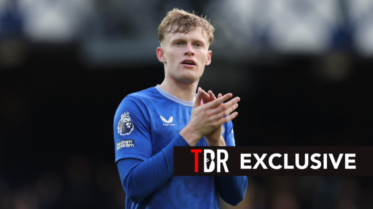 Image of Jarrad Branthwaite applauding the Everton fans after a game, overlaid a TBR Exclusive banner