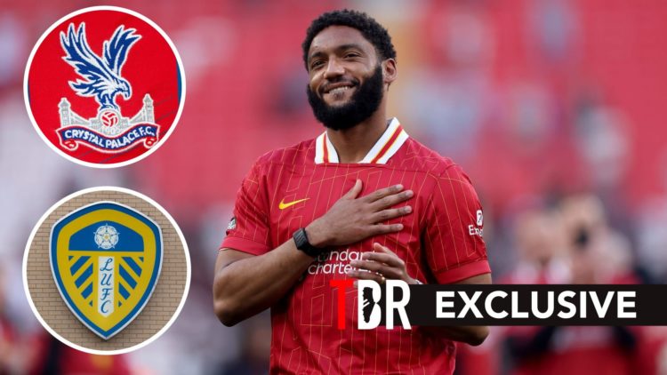 Image of Liverpool defender Joe Gomez with overlay of Crystal Palace badge and overlay of Leeds United badge
