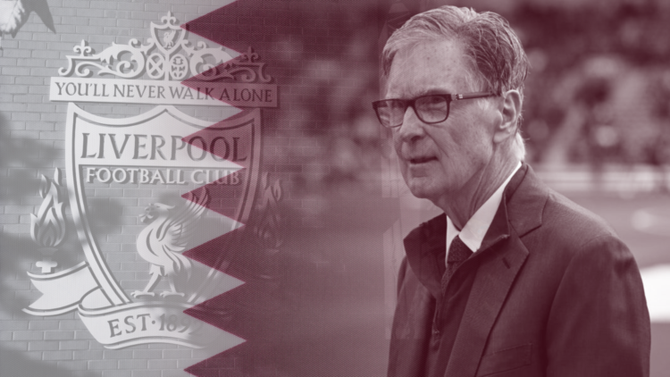 Split image of John Henry and the Liverpool badge, with Qatar flag overlay