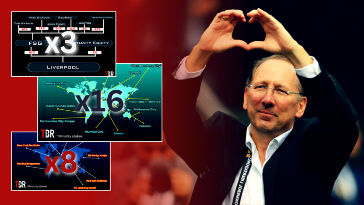 Crystal Palace co-owner John Textor gestures to the crowd, split image with various multi-club diagrams inset