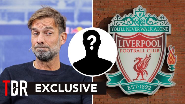 Split image of Jurgen Klopp and Liverpool badge with overlay of mystery player