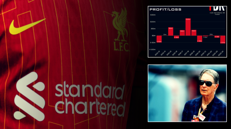 Closeup shot of Liverpool's 2024-25 home shirt, zoomed in on Standard Chartered sponsor, with image of FSG owner John Henry inset