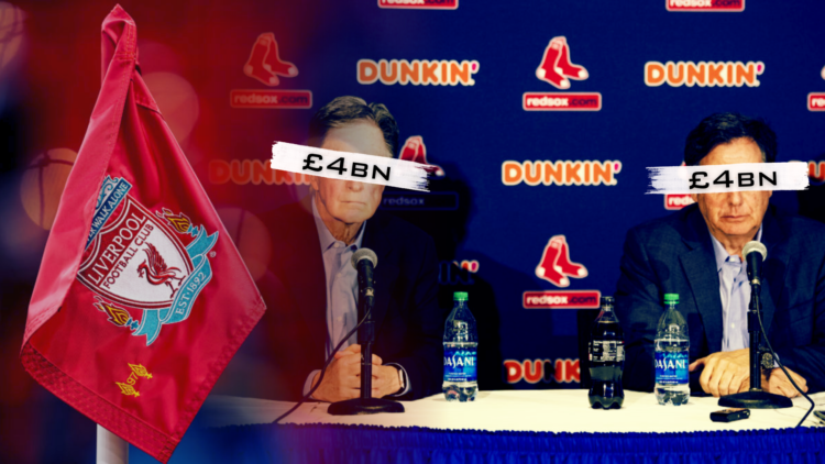 Composite image of FSG owners John Henry and Tom Werner in a press conference and the Liverpool badge on a corner flag at Anfield, with '£4bn' wordage