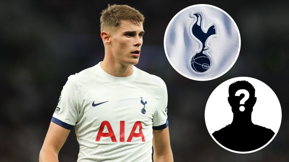 Image of Micky van de Ven with insets of The Tottenham Hotspur club crest and mystery player