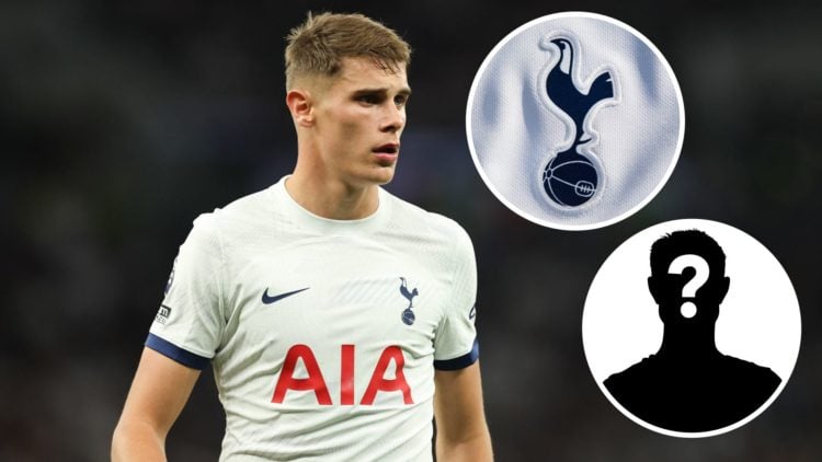 Image of Micky van de Ven with insets of The Tottenham Hotspur club crest and mystery player
