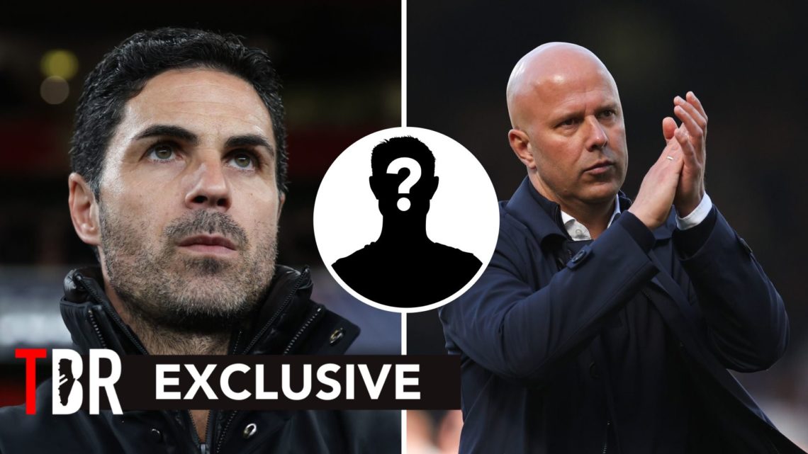 Split image of Mikel Arteta and Arne Slot with overlay of mystery player inset