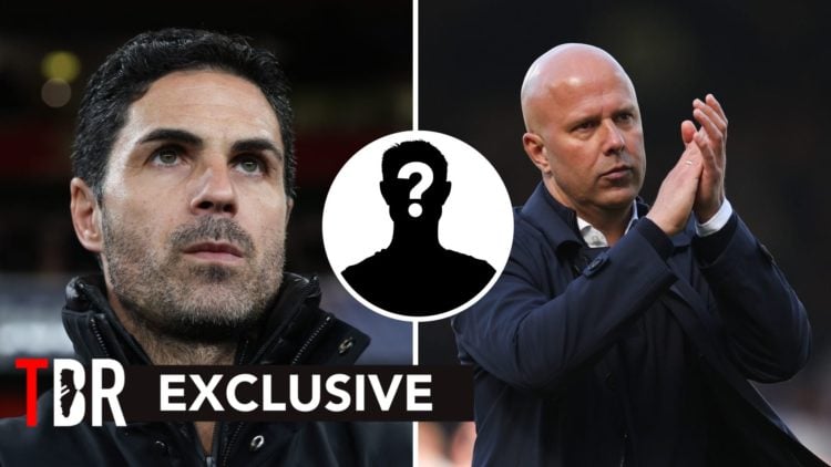 Split image of Mikel Arteta and Arne Slot with overlay of mystery player inset