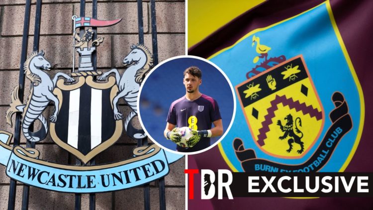 Split image of Newcastle badge and Burnley badge with overlay of James Trafford