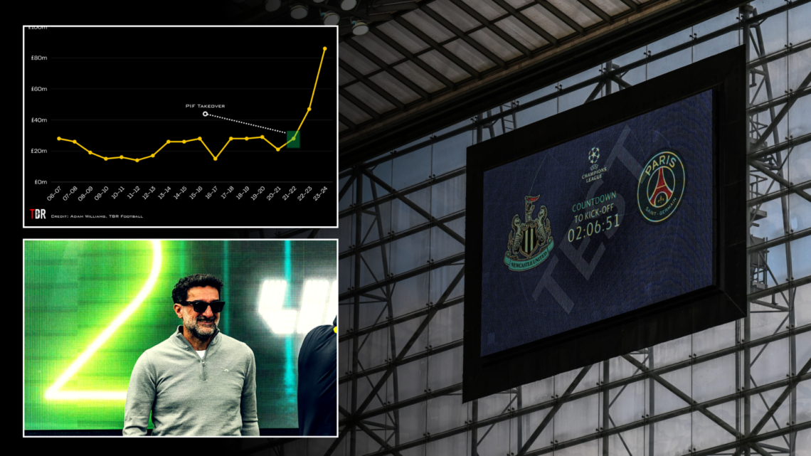 Newcastle United scoredboard against Paris Saint-Germain at St James' Park, split image with finance graph and Yasir Al-Rumayyan inset