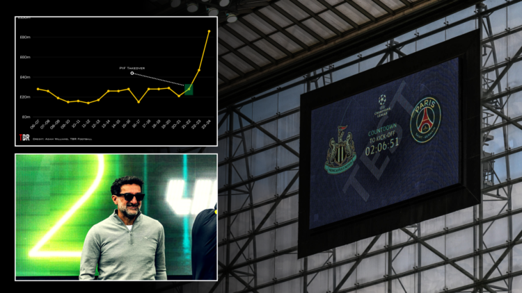 Newcastle United scoredboard against Paris Saint-Germain at St James' Park, split image with finance graph and Yasir Al-Rumayyan inset