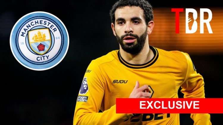 Rayan Ait-Nouri of Wolverhampton Wanderers with inset of A detailed view of the badge of Manchester City FC, TBR Logo, Exclusive Banner