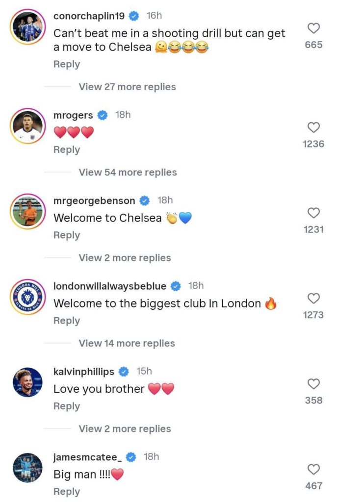 Screengrab of replies under Chelsea striker Liam Delap's Instagram post upon joining the Blues