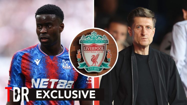 Split image of Marc Guehi and Steve Parish with overlay of Liverpool badge
