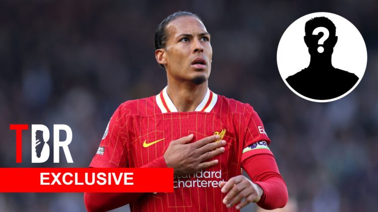 Virgil van Dijk of Liverpool with inset of mystery player, TBR Logo and Exclusive Banner