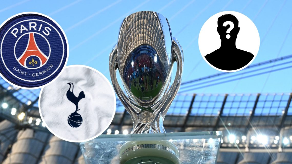 Image of the UEFA Super Cup trophy with Tottenham badge and PSG badge inset, mystery figure inset