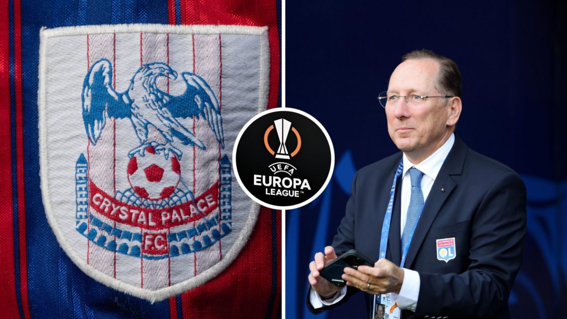 Split image of the Crystal Palace badge and John Textor, UEFA Europa League logo inset