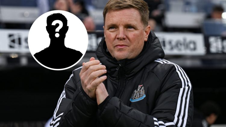 Eddie Howe claps the fans during the Premier League match between Newcastle United and Brentford at St James' Park, mystery figure inset