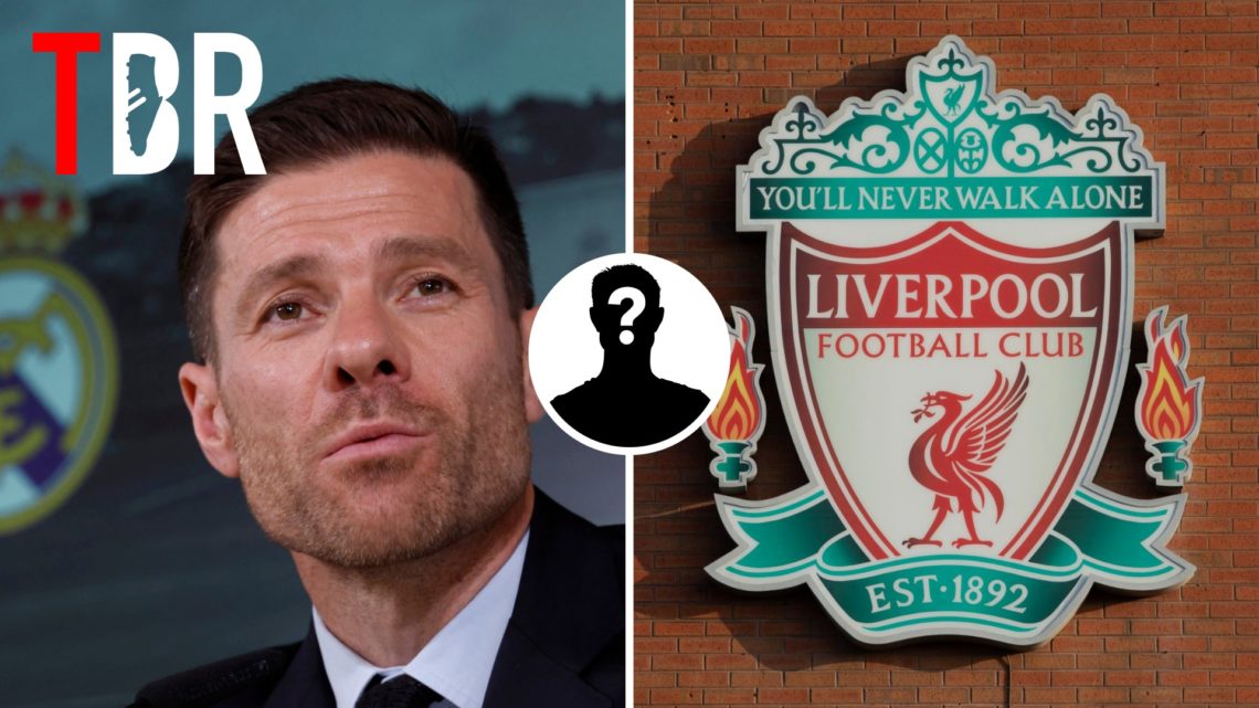 Split image of Xabi Alonso and the Liverpool badge, mystery figure and TBR logo inset