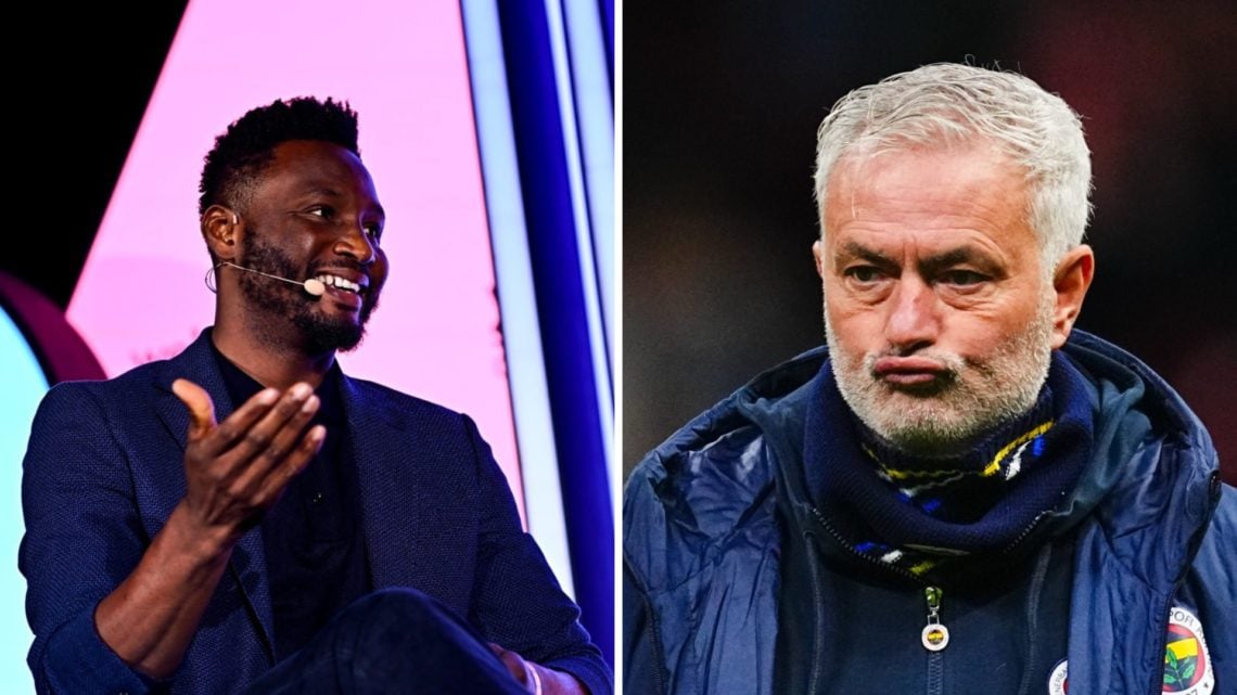 Split image of (L) John Obi Mikel smiling while speaking at an event and (R) Jose Mourinho during a Fenerbahce game