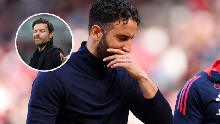 Manchester United manager Ruben Amorim with inset of Real Madrid head coach Xabi Alonso
