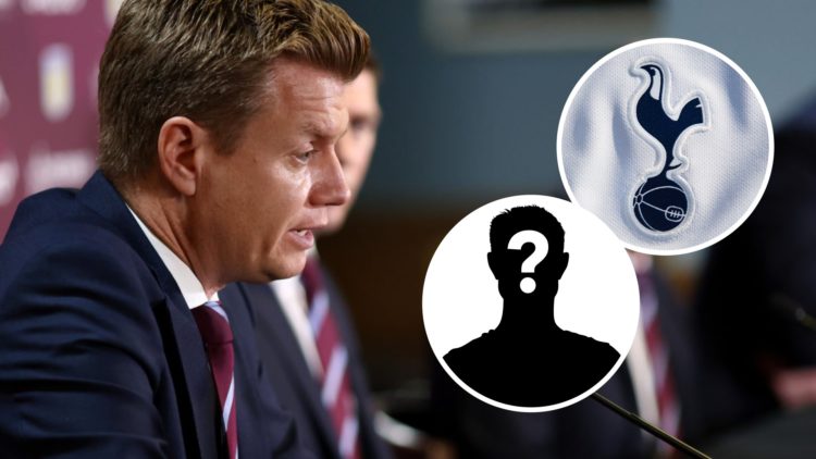 Johan Lange during a press conference. Inset of Tottenham Hotspur badge and mystery player.