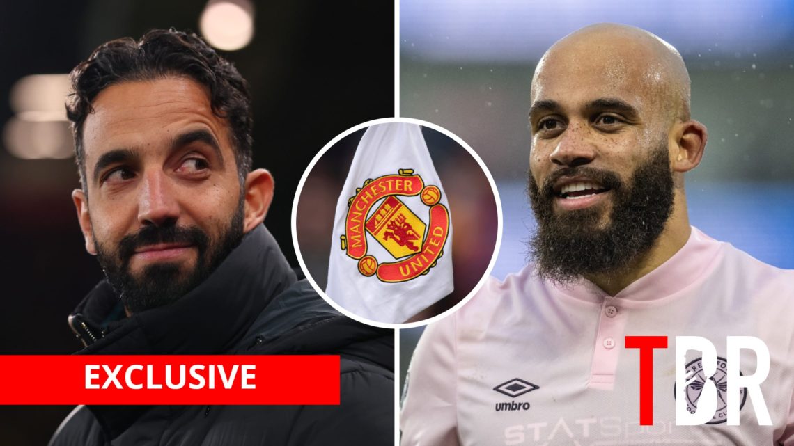 Split image of Manchester United manager Ruben Amorim and Brentford forward Bryan Mbeumo with inset of Manchester United badge