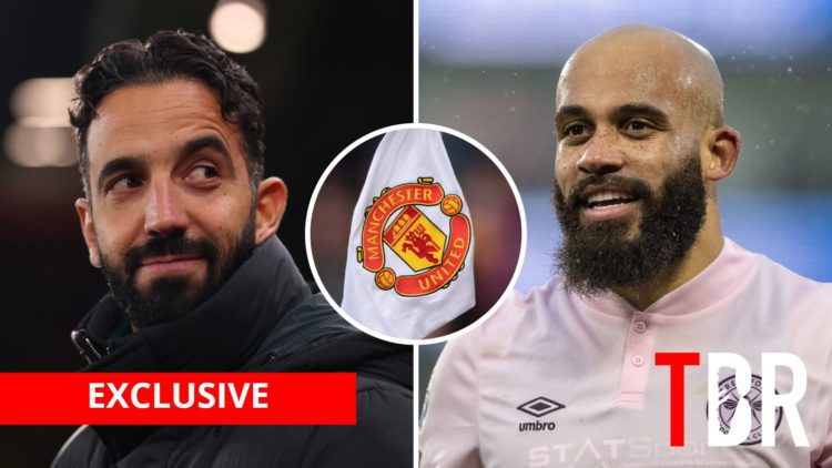 Split image of Manchester United manager Ruben Amorim and Brentford forward Bryan Mbeumo with inset of Manchester United badge