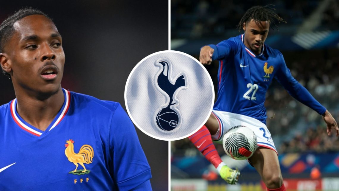 Split image of Mathys Tel (L) and Wilson Odobert (R) both in action for France U21. Inset of Tottenham Hotspur badge.