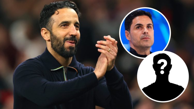 Ruben Amorim applauds during a Manchester Unied match. Inset, Mikel Arteta at Arsenal.