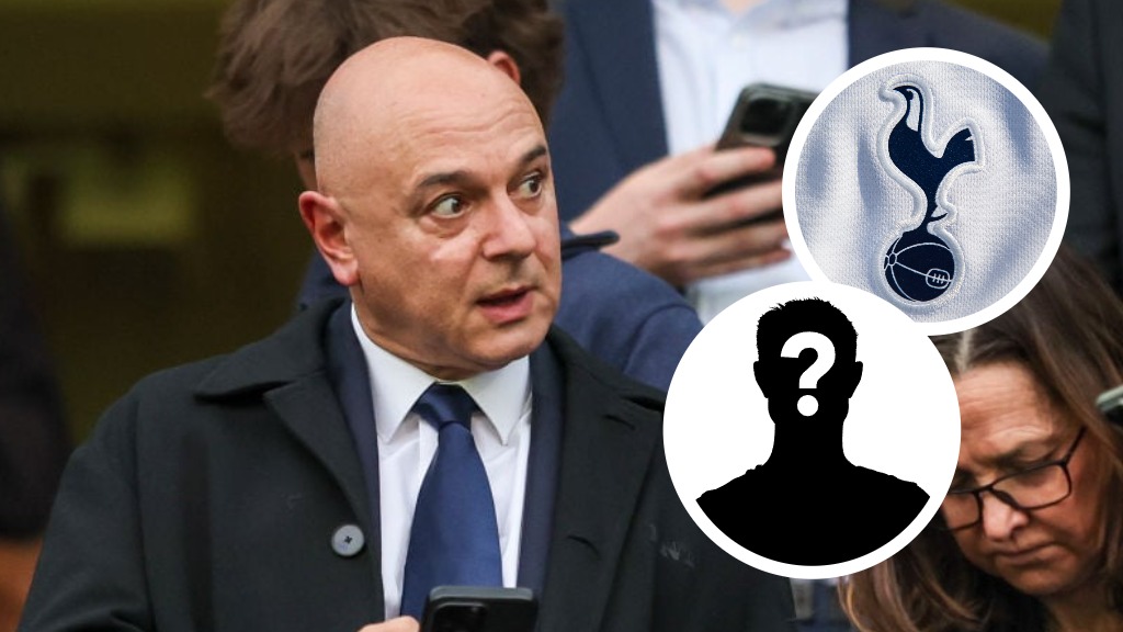 Tottenham Hotspur chairman Daniel Levy. Inset of Tottenham badge and mystery player.