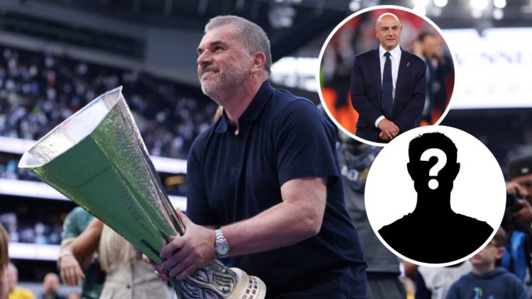 Tottenham Hotspur manager Ange Postecoglou. Inset of Daniel Levy and mystery player.