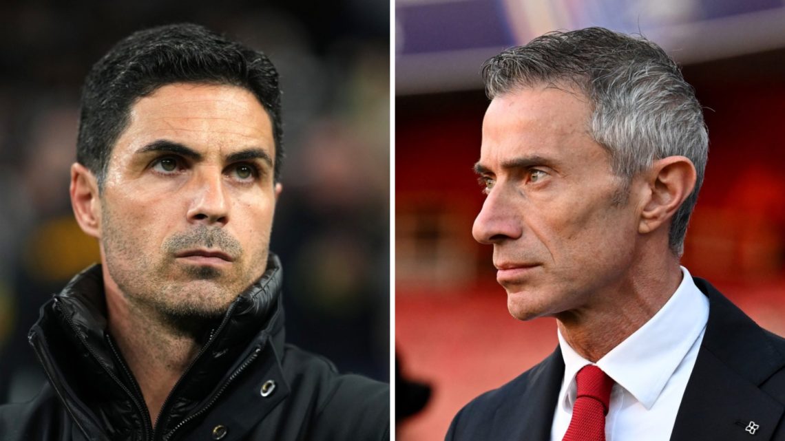 Mikel Arteta looks on during an Arsenal match. Inset, sporting director Andrea Berta.