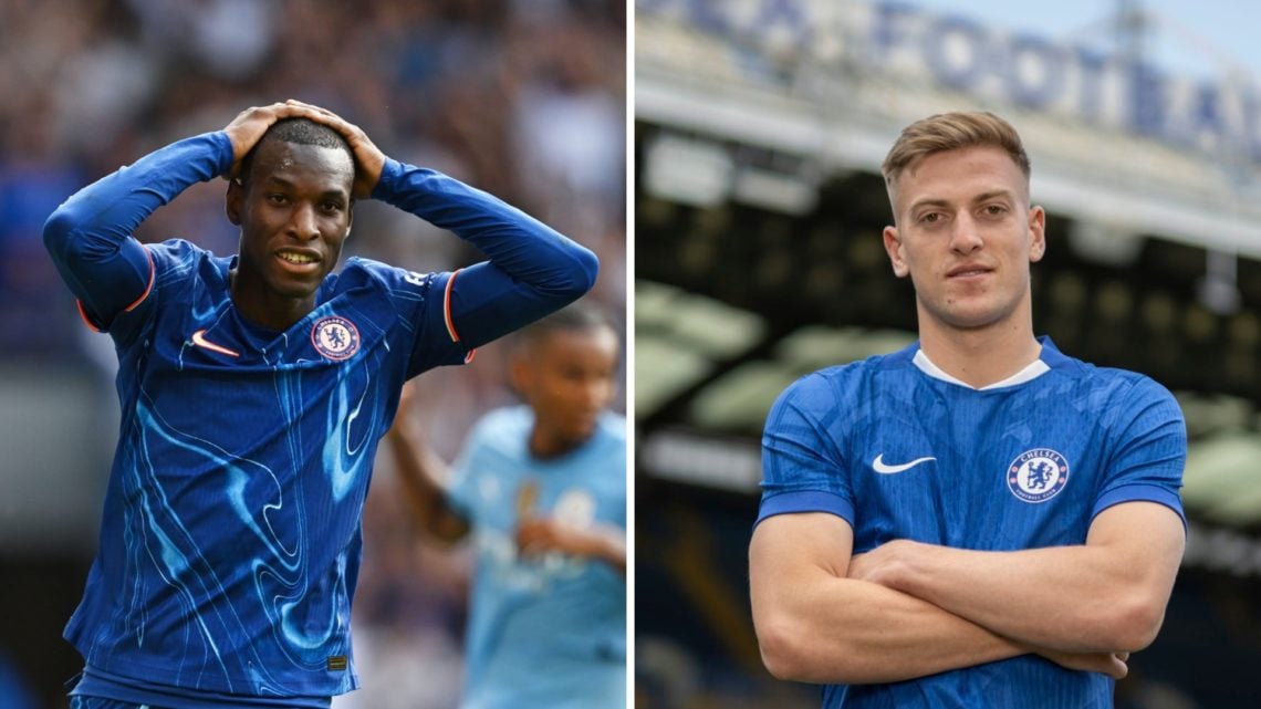 Split image of (L) Nicolas Jackson looking dejected during a Chelsea game and (R) Liam Delap during his unveiling as a new Chelsea player