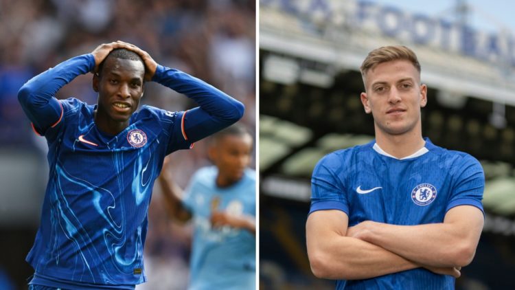 Split image of (L) Nicolas Jackson looking dejected during a Chelsea game and (R) Liam Delap during his unveiling as a new Chelsea player