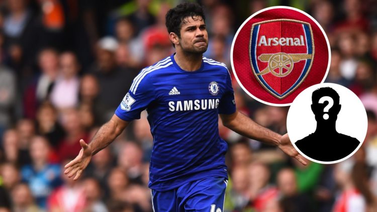 Image of Diego Costa scoring for Chelsea against Arsenal with Arsenal badge and mystery figure inset