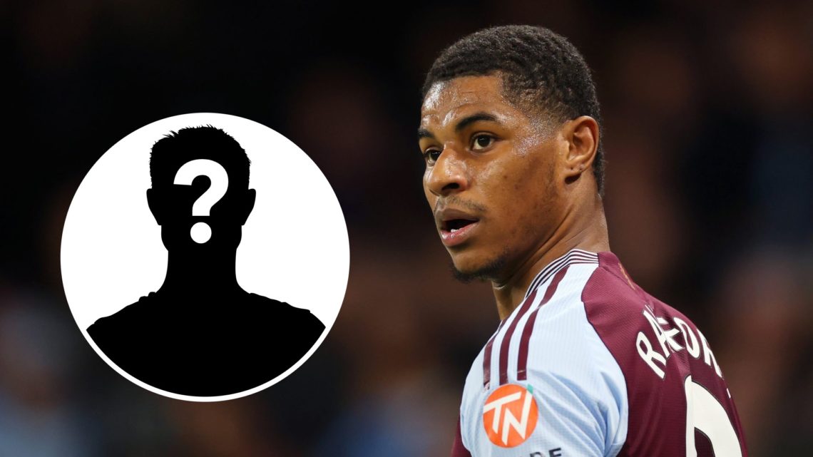 Marcus Rashford during a Premier League match for Aston Villa. Inset, question mark.