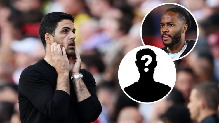 Image of Mikel Arteta looking dejected during an Arsenal game with insets of Raheem Sterling looking on and a mystery player
