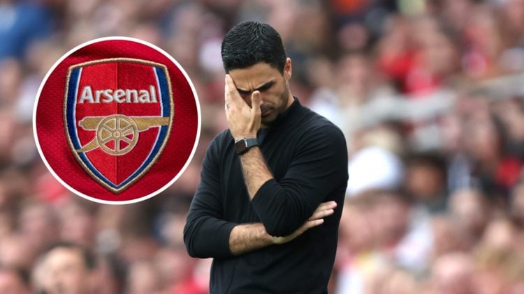 Mikel Arteta looking dejected with Arsenal badge inset