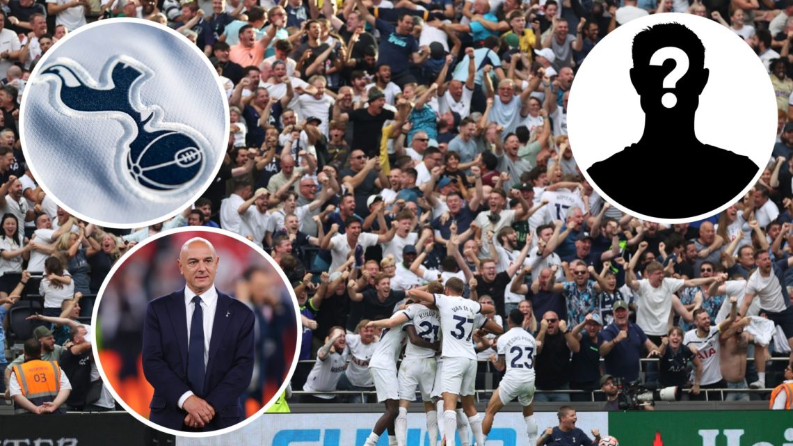 Tottenham Hotspur supporters celebrating. Inset of Daniel Levy, Spurs badge and mystery player.