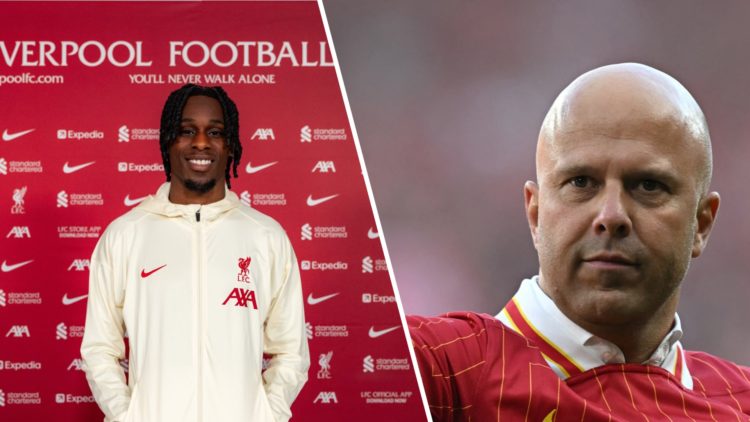 Split image of (L) Jeremie Frimpong at his Liverpool unveiling and (R) Arne Slot wearing a Liverpool top after winning the Premier League