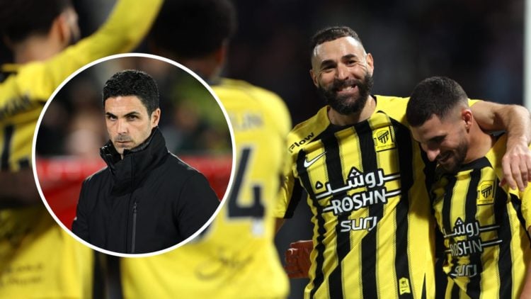 Karim Benzema celebrates with Houssem Aouar at Al-Ittihad. Inset, Mikel Arteta looking on at Arsenal.