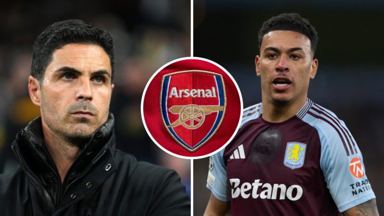 Split image of Arsenal boss Mikel Arteta and Aston Villa star Morgan Rogers, Arsenal badge inset