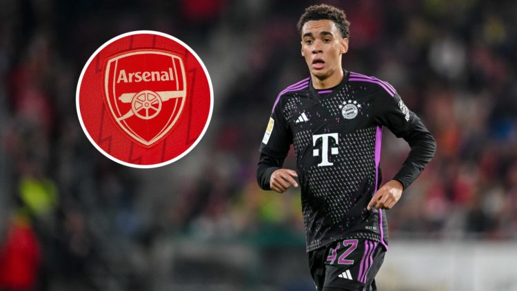 Image of Jamal Musiala with an insert of an Arsenal badge